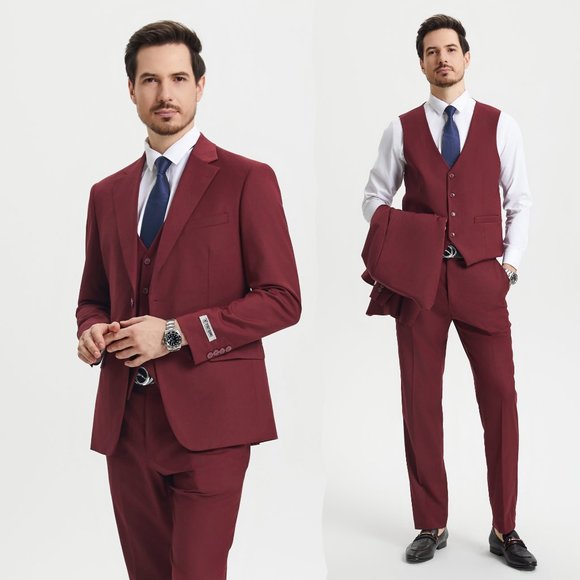 Stacy Adams Solid 3pc Men's Suit Burgundy